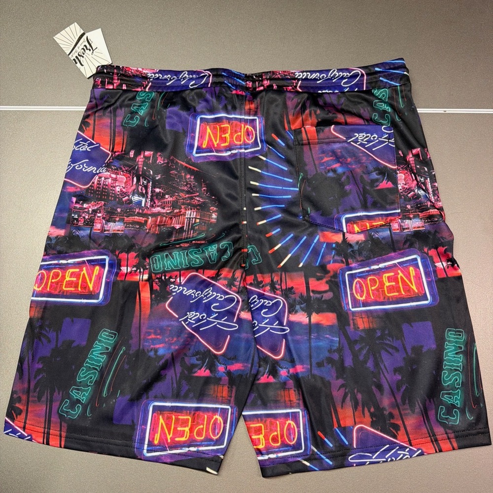 Fresh Hoods Hotel California Neon Print Shorts Mens XL Black Multi Casino Retro